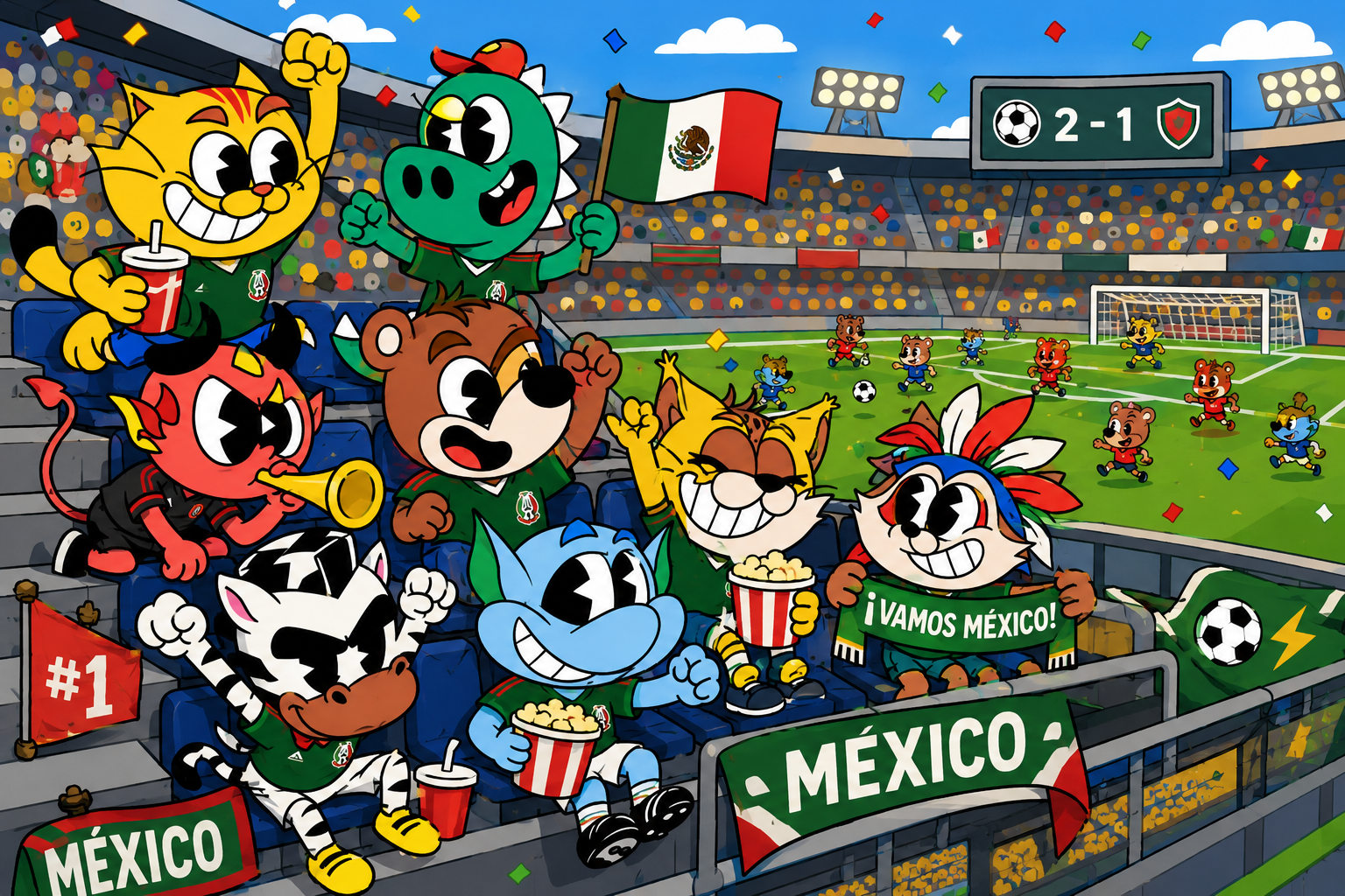 Personajes de Supergana en el estadio celebrando un gol de México