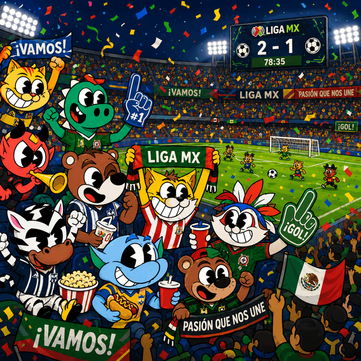 Personajes de Supergana celebrando en las gradas de un estadio